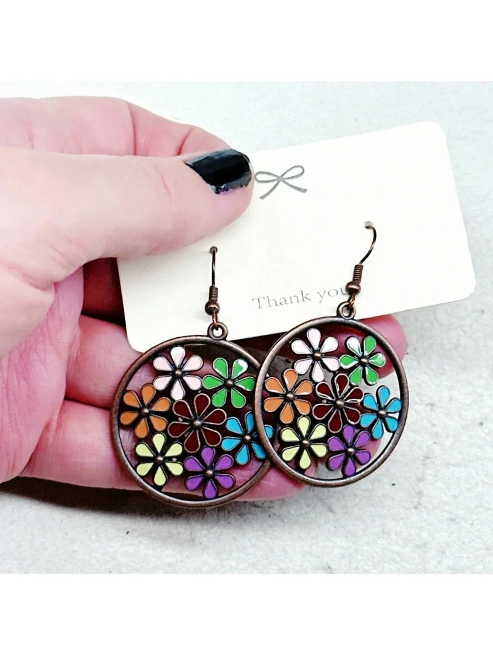3025u. Bronze Rainbow Enamel Flower Earrings
